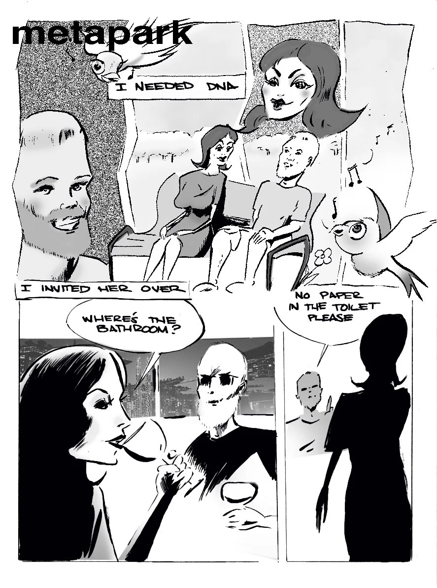 A comic strip with five panels. The first panel shows two women talking in a café or restaurant, with a man and a bird flying overhead. One woman says, "I needed DNA," and a thought bubble shows a woman's face. The second panel depicts a woman and a man sitting and talking, with the woman asking, "Where's the bathroom?" The third panel shows a woman with a speech bubble saying, "No paper in the toilet please." The fourth panel features a woman smoking a cigarette, with a cityscape in the background. The fifth panel has a woman silhouette talking to a man behind a window or glass door.