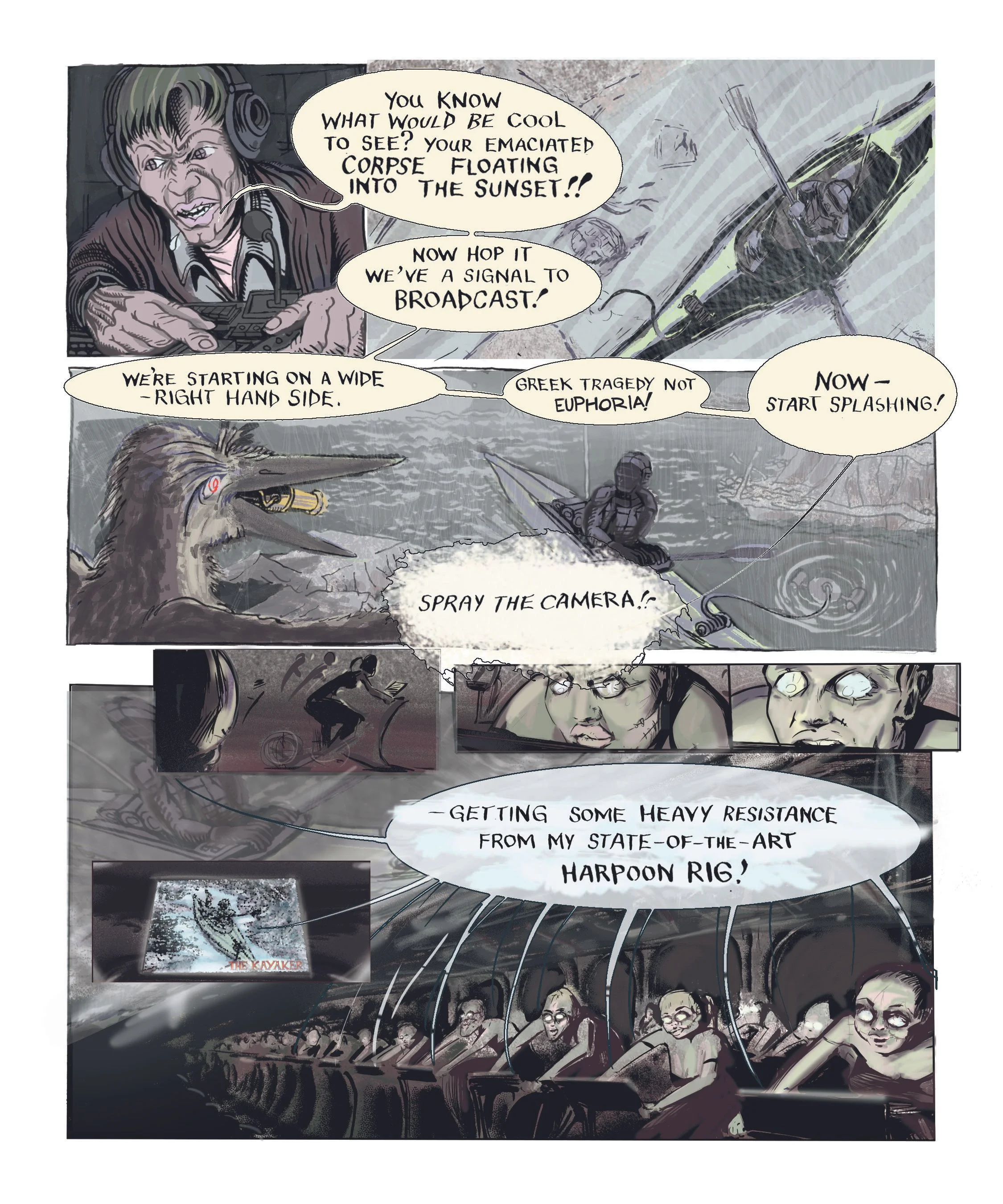 Comic illustration depicting a scene where a woman with short hair, wearing a headset, is speaking into a microphone, giving instructions for a broadcast involving a corpse floating into the sunset. The scene shows a body with a harpoon in the water, and a group of people with glowing eyes in the background. Speech bubbles include phrases about broadcasting a corpse and resistance from a harpoon rig.