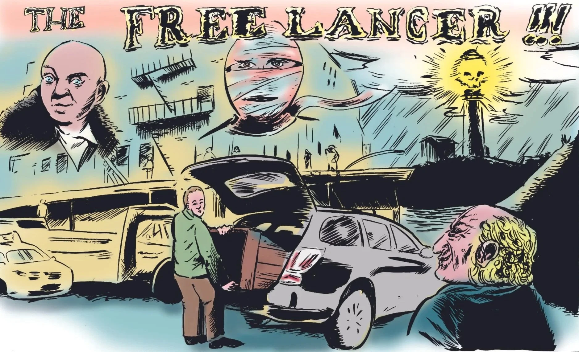 A comic-style illustration titled 'The Free Lancer' featuring a mix of characters including a woman with a hood, a man with curly hair, and a masked person with piercing eyes, along with vintage cars, a ship with a smiling sun, and an urban background.