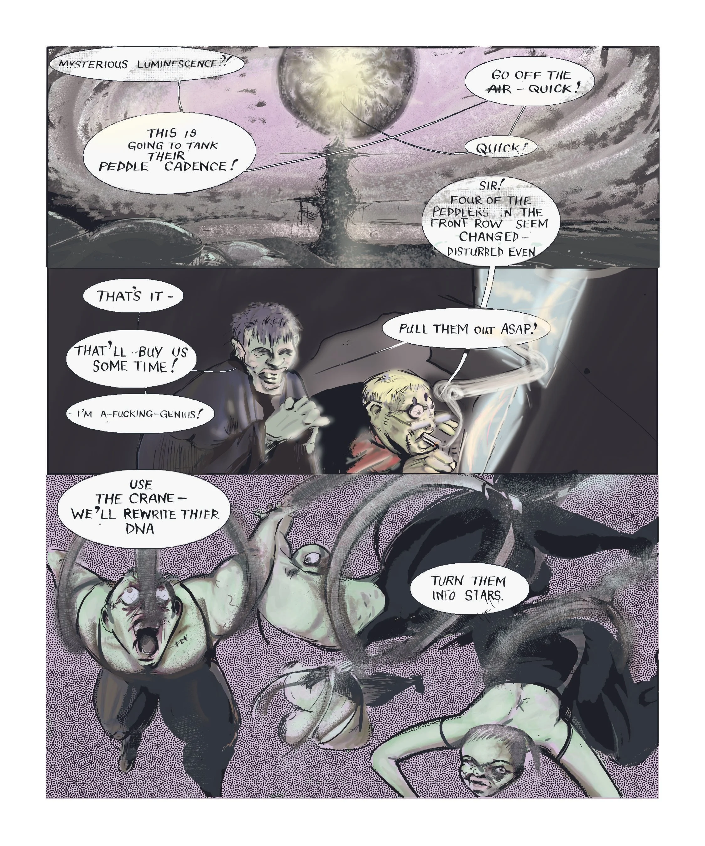A dark exaggerated comic style illustration depicting a scene with characters discussing a mysterious luminous object in the sky. The characters appear distressed, with dialogue about turning the object into stars and rewriting DNA.