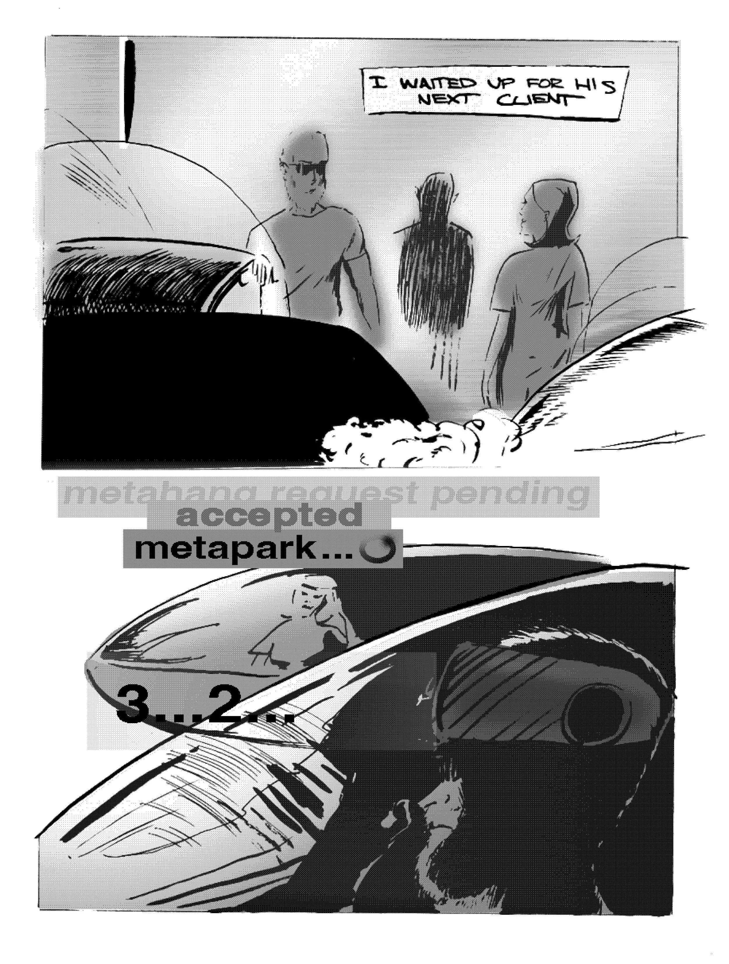 Black and white sketch of a photo with three people walking, with a sign in the background reading "I WANTED UP FOR HIS NEXT CLIENT," and part of text below that reads "accepted_metapark." A car outline is visible at the foreground, with some numbers and numbers partly visible.