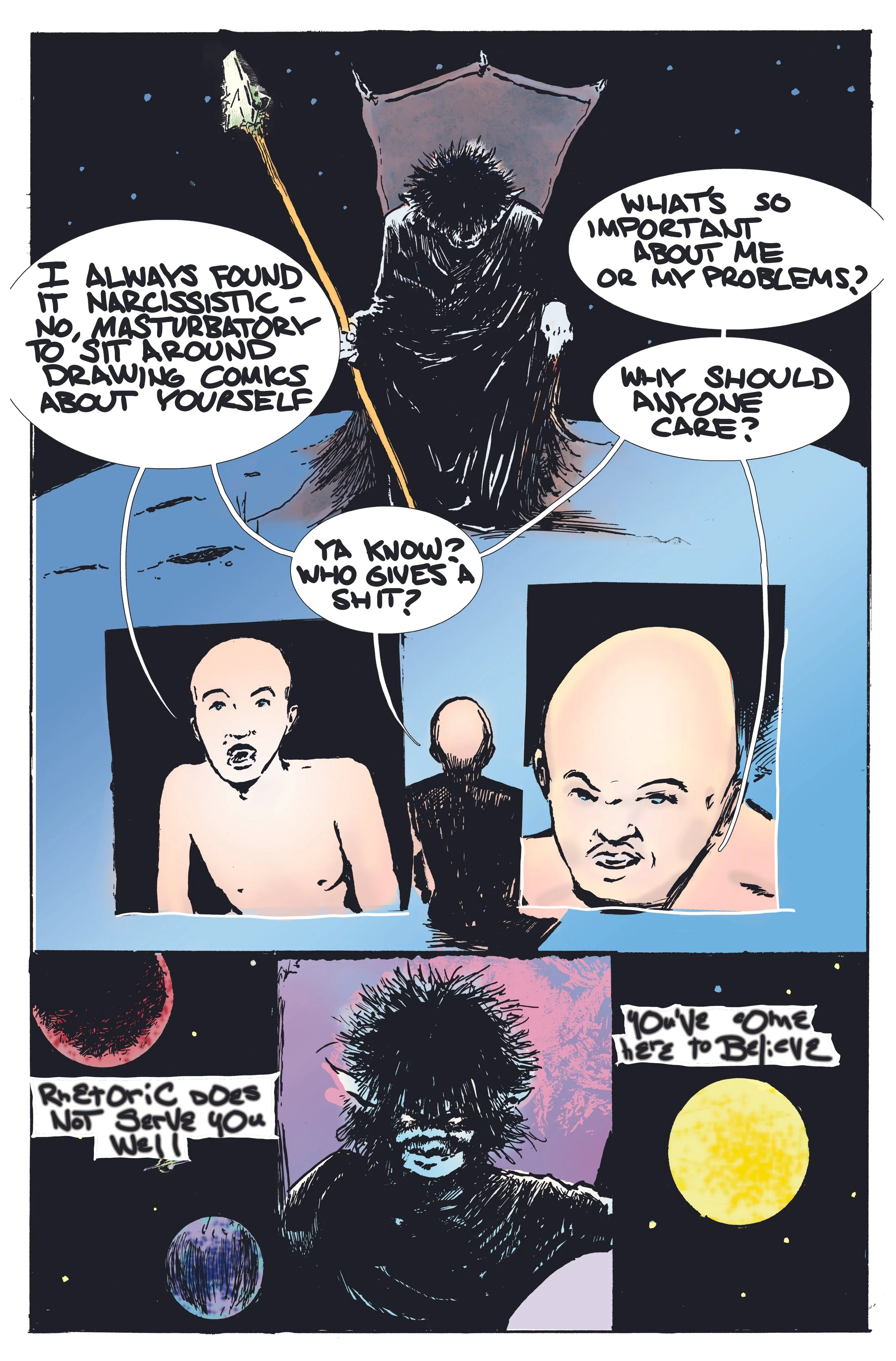Comic book illustration featuring a dark figure with spiky hair sitting on a celestial object in space, surrounded by stars and planets. The figure is speaking in dialogue bubbles, discussing themes of self-reflection, identity, and purpose.