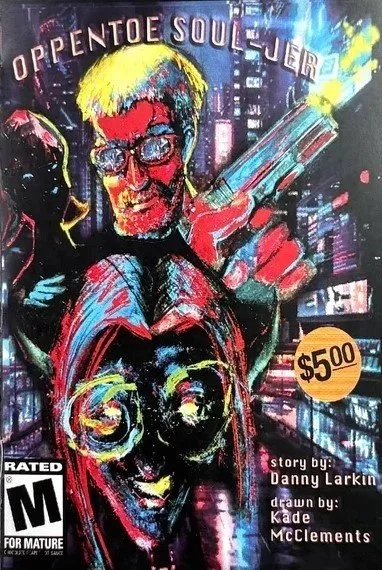 Colorful comic-style illustration for Oppentoe Soul-Jer, featuring a smiling person with glasses in the foreground and a man with blonde hair and glasses holding a gun in the background, with a cityscape and neon lights.