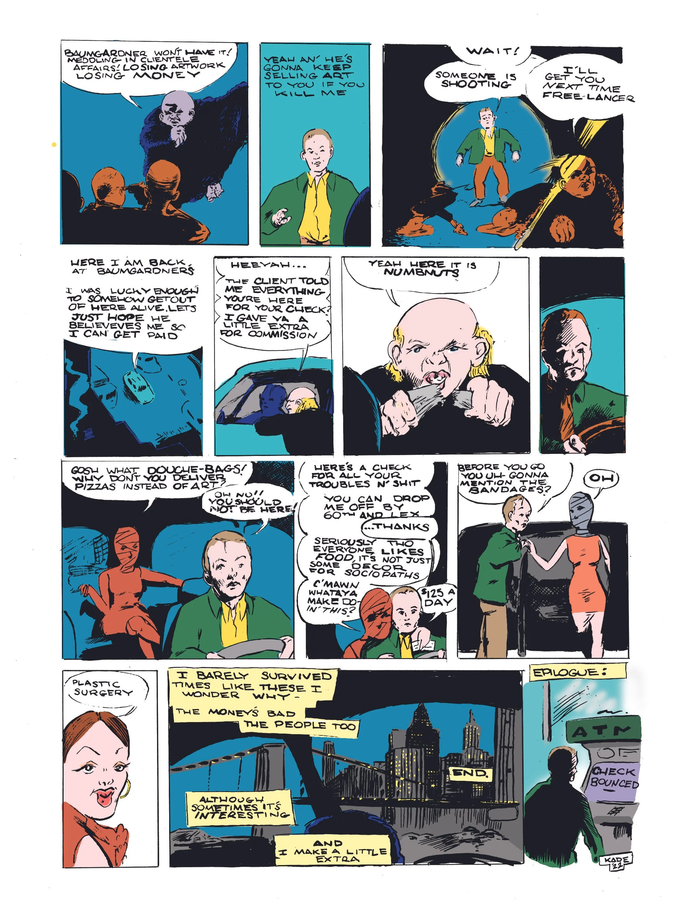 A colorful comic strip with multiple panels showing characters in different scenes. Characters are speaking in speech bubbles, discussing art, money, and city life, with some scenes featuring cityscapes and a darkened skyline at night.