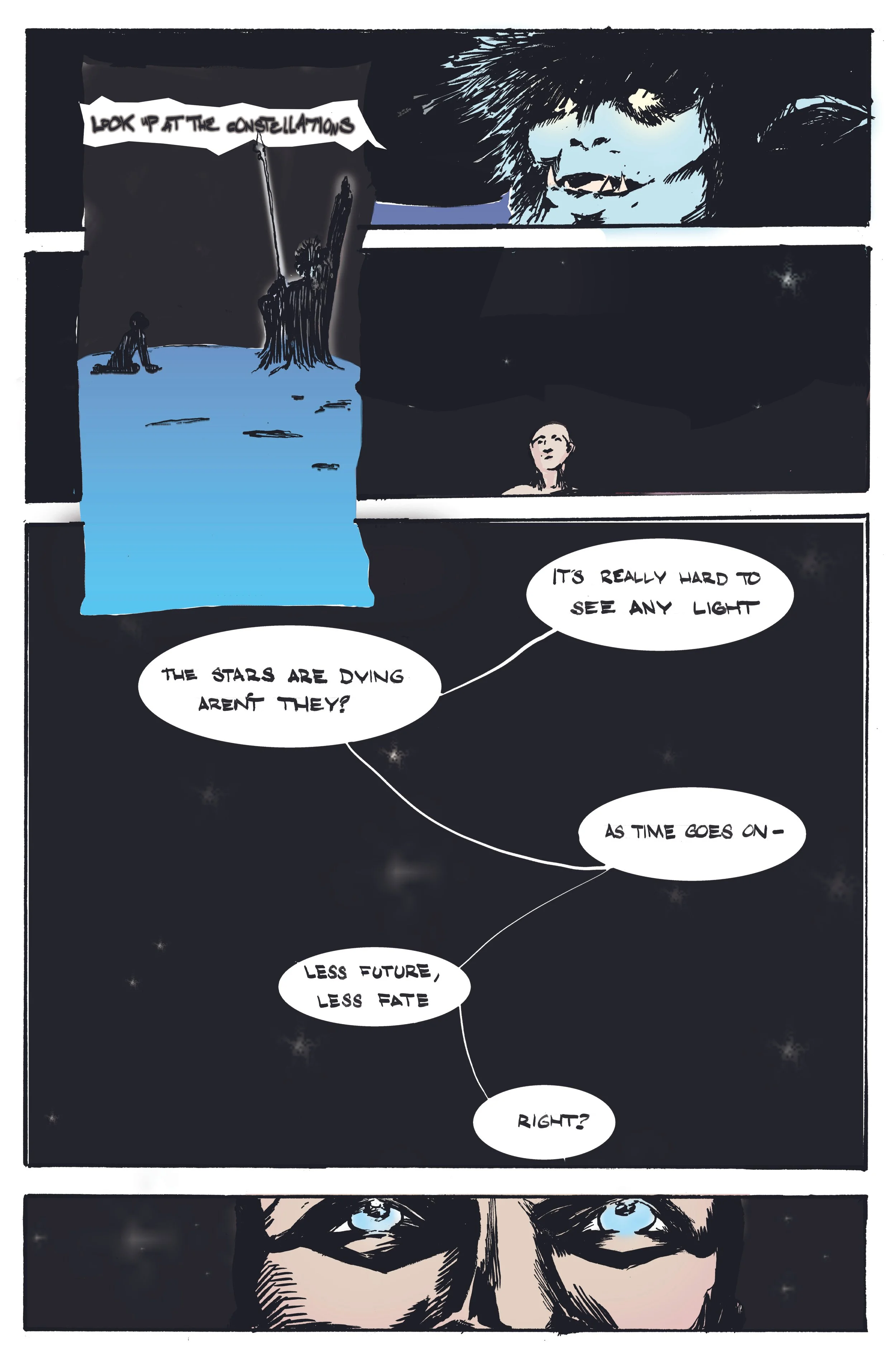 A comic strip showing a woman and a person sitting beneath a tree looking at the night sky, with a large face of a monster or creature in the sky. The woman asks about the stars dying and comments on how hard it is to see light, and reflects on the future being less, with less fate. The comic has a dark background with some stars, and close-up of the woman's face with piercing eyes.