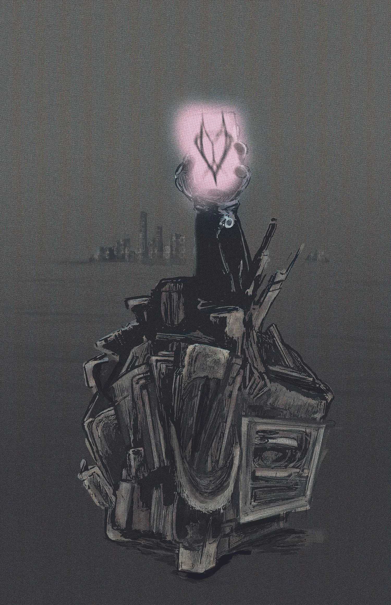 A drawing of a person sitting on a pile of wreckage, holding a flaming ball with a dark city skyline in the background.