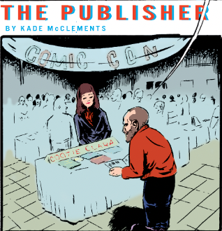 A man with a bald head signing a book labeled 'Contie Claza' at a desk during a conference or event, with a large banner reading 'The Publisher' by Kade McClements in the background, and a crowd of attendees in the background.