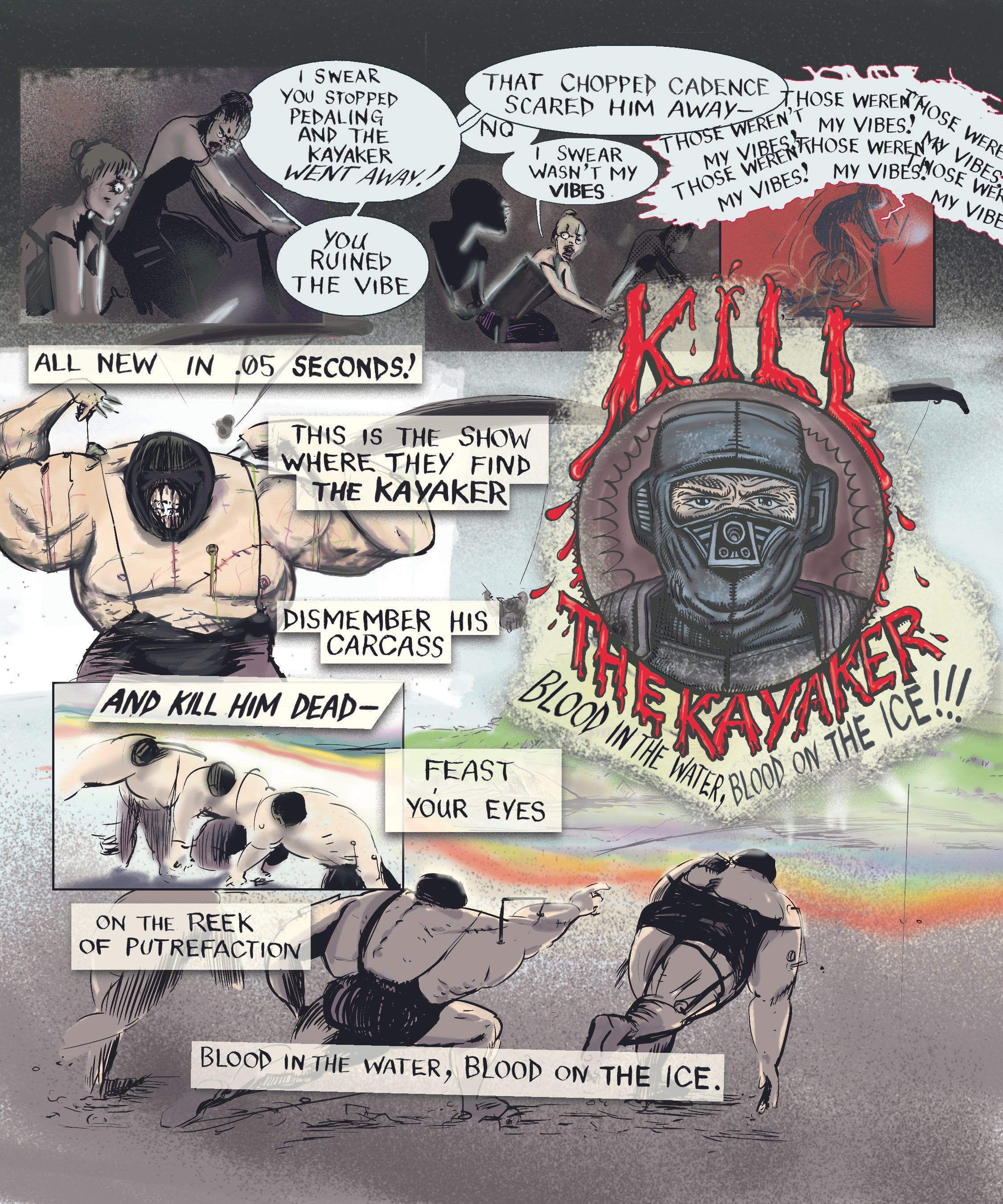A comic-style illustration featuring a soldier with a skull face mask, holding a person by the hair, with speech bubbles containing aggressive dialogue. The background shows a sunset with colorful sky, and the scene emphasizes a violent and intense atmosphere with blood and destruction imagery. There are references to imagery of blood in the water and on ice, with aggressive and dark themes throughout.