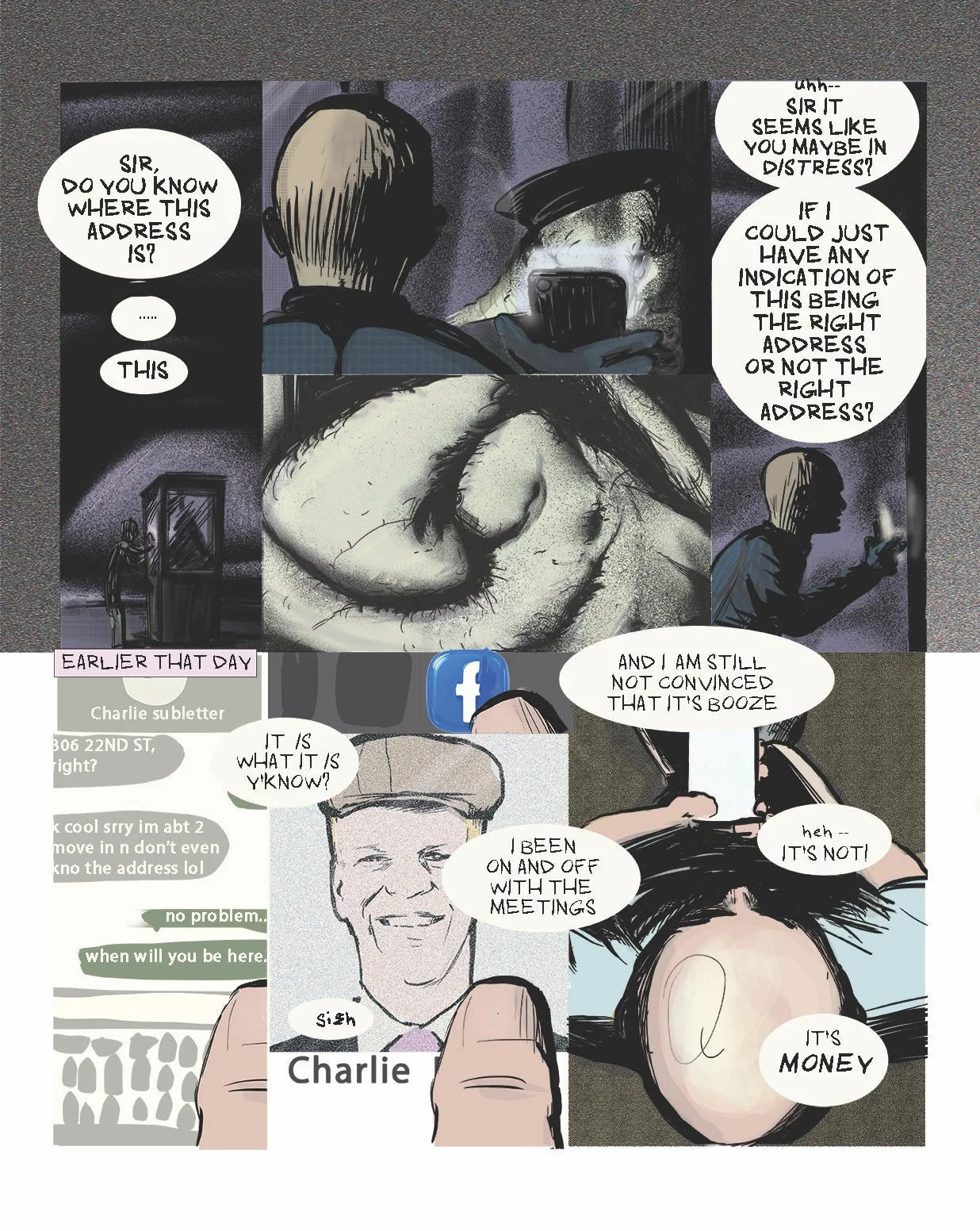 A webcomic page featuring multiple panels with dialogue. The scenes depict a person using a phone, a man smiling, a woman with messy hair, and various text messages and speech bubbles discussing addresses, meetings, and money.