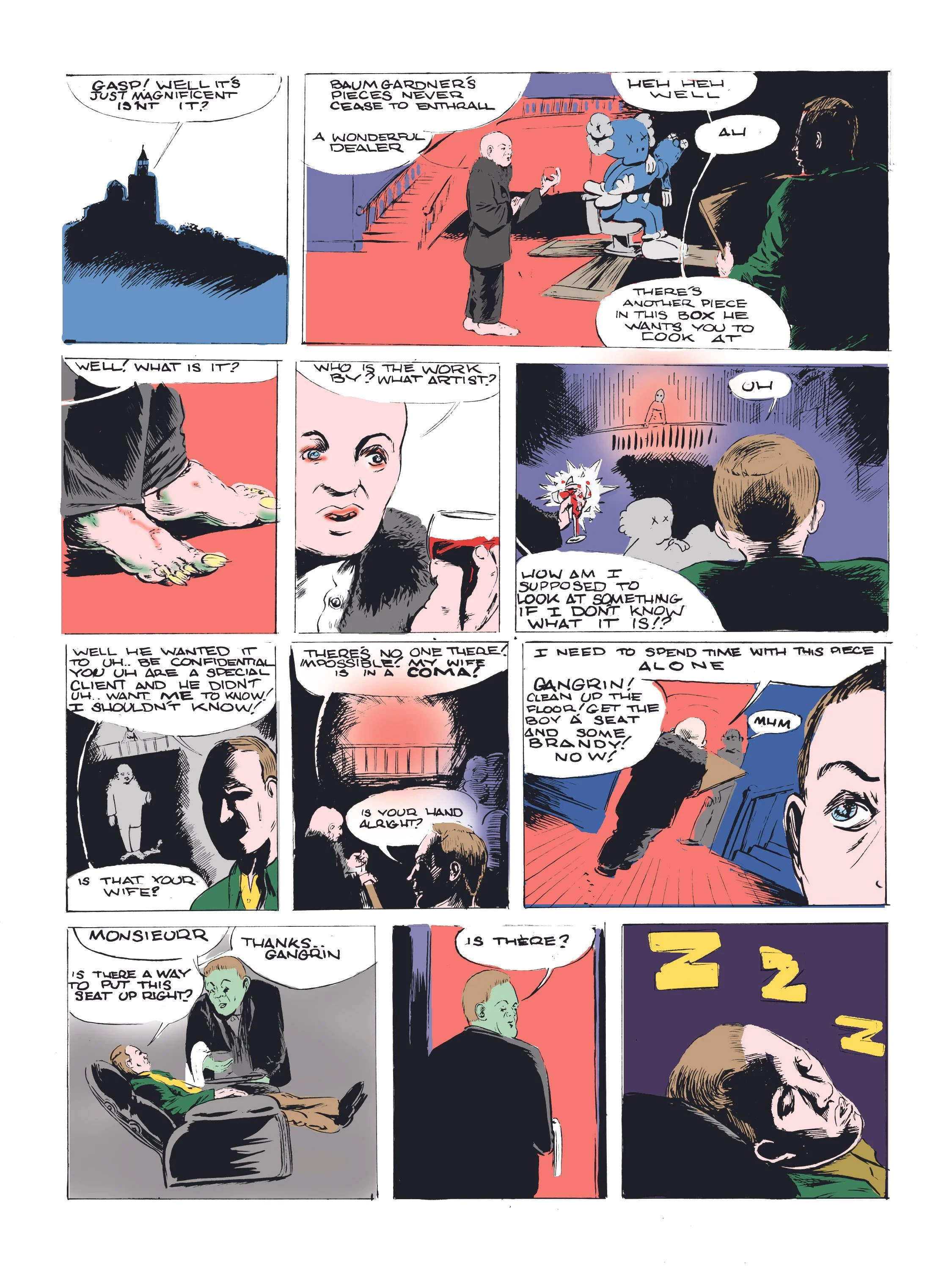 A comic strip featuring a young man observing a piece of art created by Baum Gardner, with dialogue about the art and artist. The scene shows the young man in a gallery, a woman holding a glass of wine, and a man sitting in a chair, with recent noises heard from offscreen.