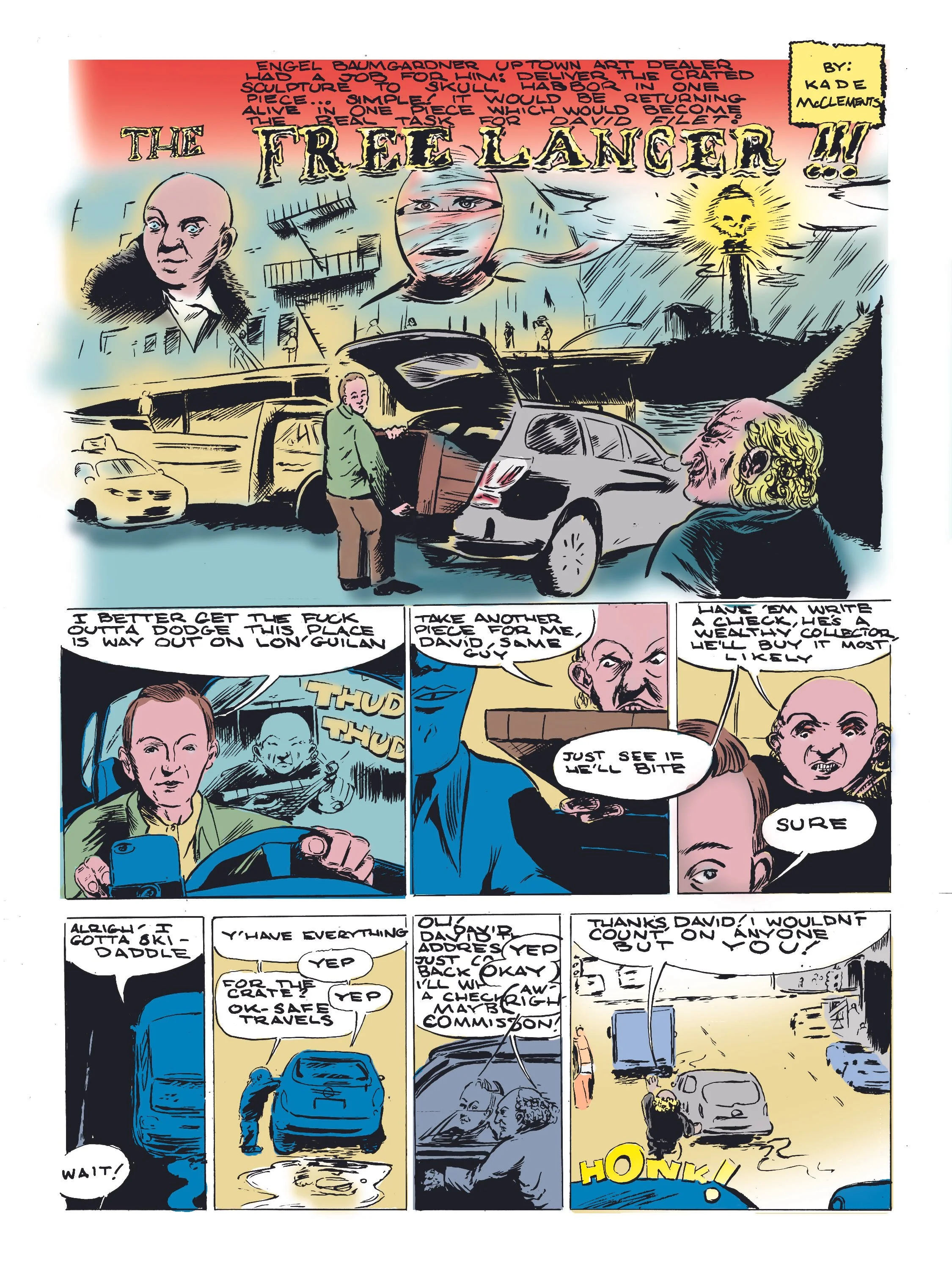 Comic book page featuring a man in a green jacket picking up a SUV and talking to a woman with curly hair, with scenes of a waterfront, a large sculpture resembling a face, and a man with a hat. Various speech bubbles include comments about traveling, checking an address, and feeling excited.