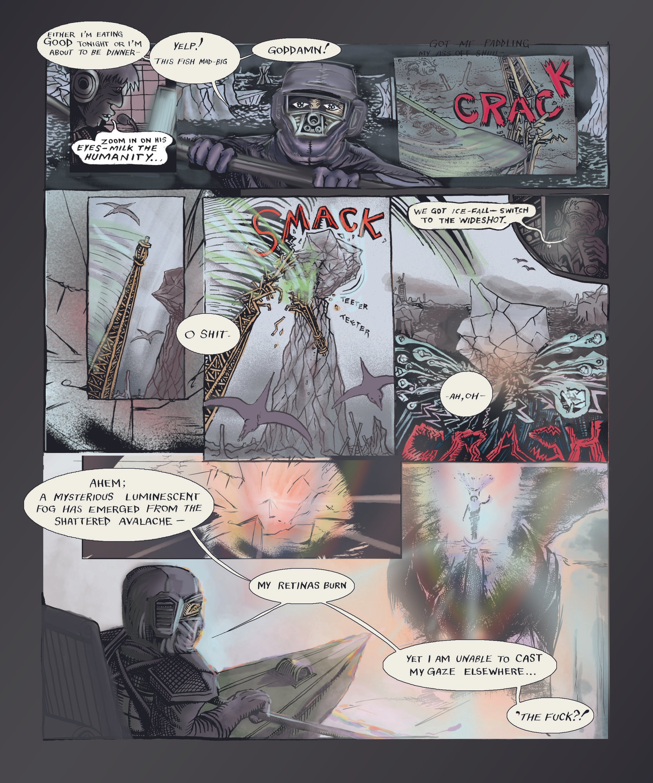 A comic book page featuring a soldier in armor holding a tablet, with a monstrous creature in the background. The soldier appears to be frightened, and the scene includes explosive sounds and destruction, with various speech bubbles describing chaos and confusion.