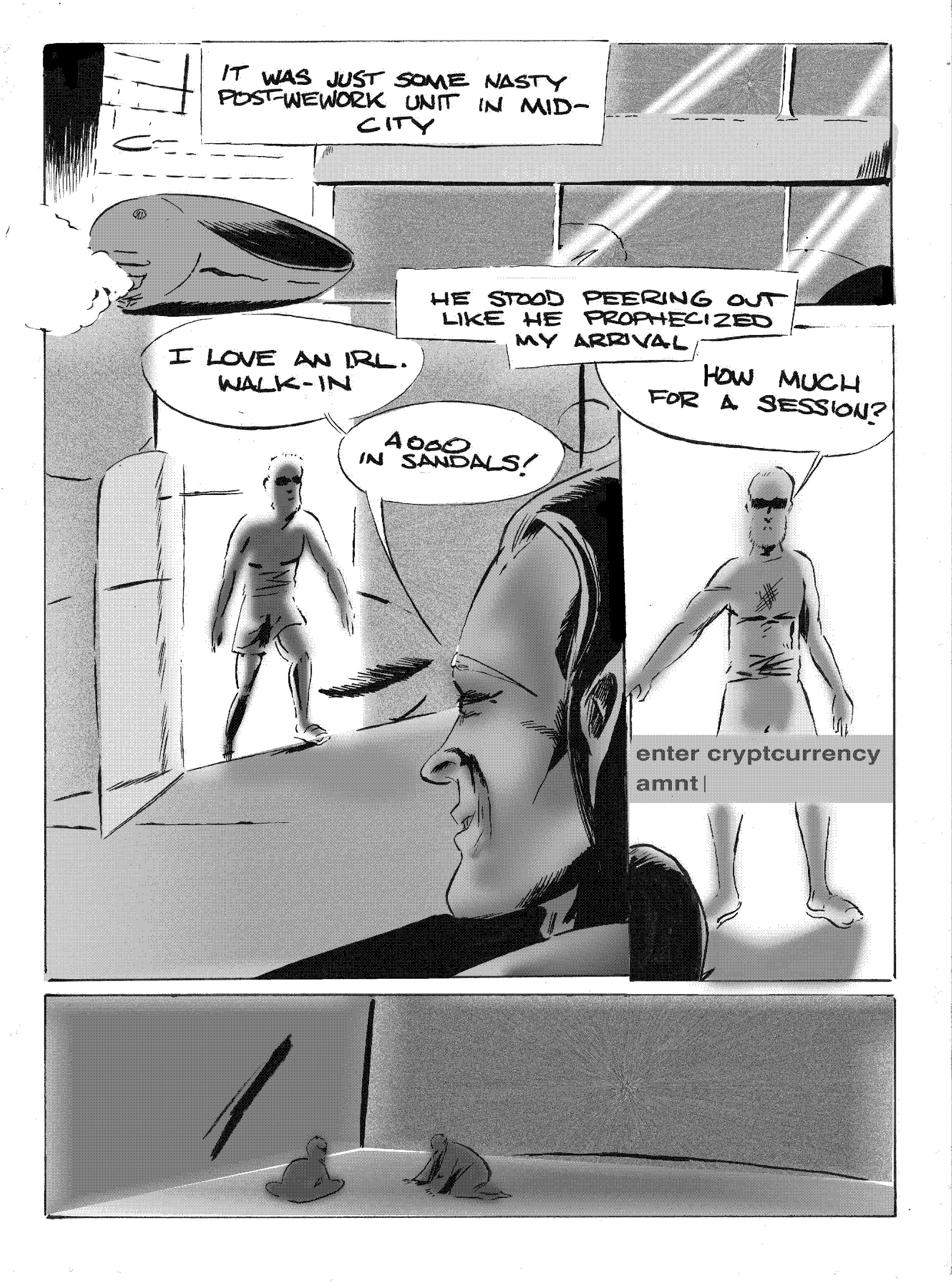Black and white comic strip showing a man describing a post-workout experience at a gym, with speech bubbles stating 'I love an IRL walk-in,' 'He stood peering out like he prophesized my arrival,' and 'How much for a session?' The scene depicts a gym interior with windows and two people on the floor in background.