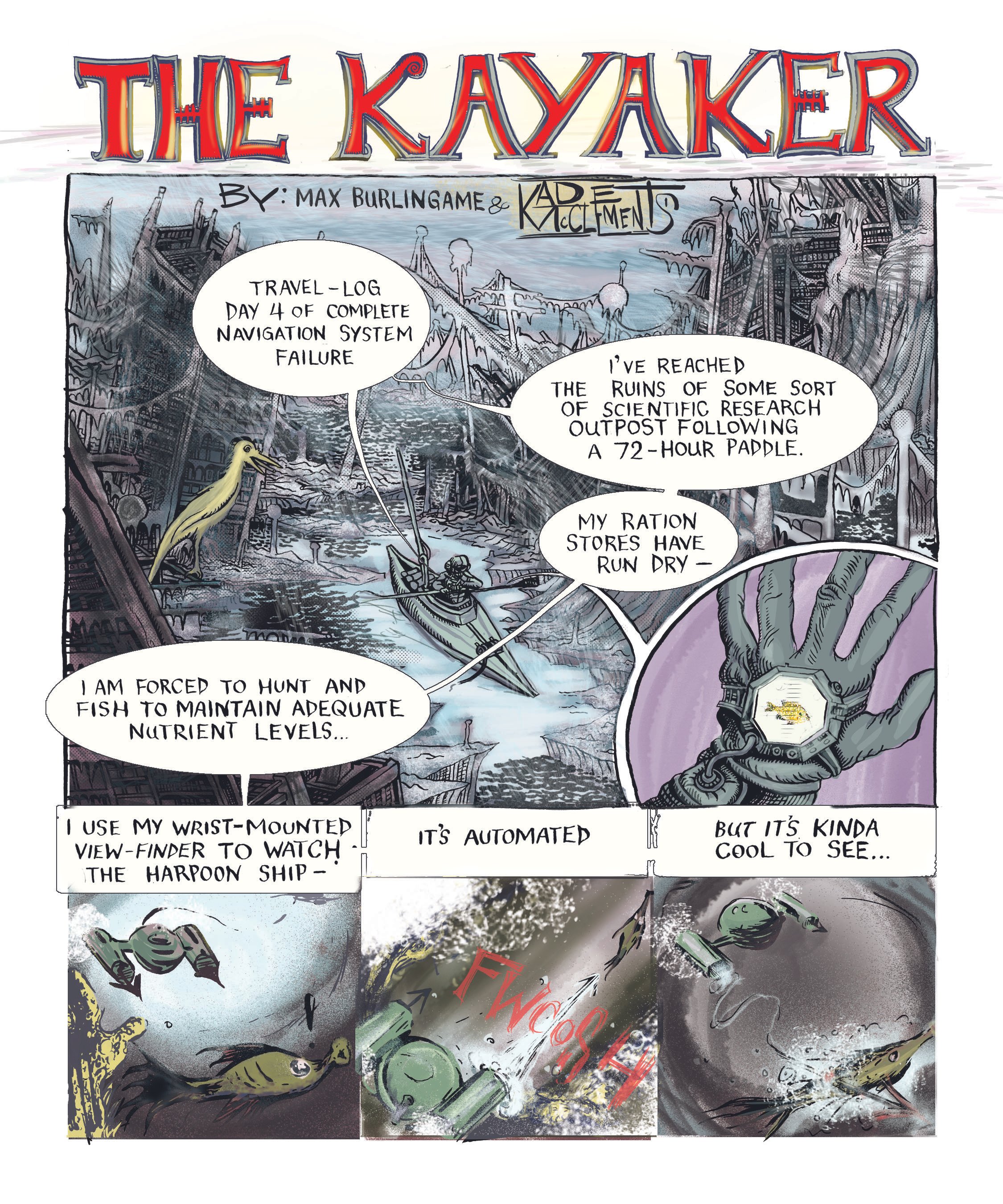 A comic book scene showing a post-apocalyptic landscape with ruins and debris. A character wearing a helmet and armor is examining a device, with speech bubbles discussing navigation and nutrient levels. The top of the comic features a colorful title 'The Kavaler' and authors' names.