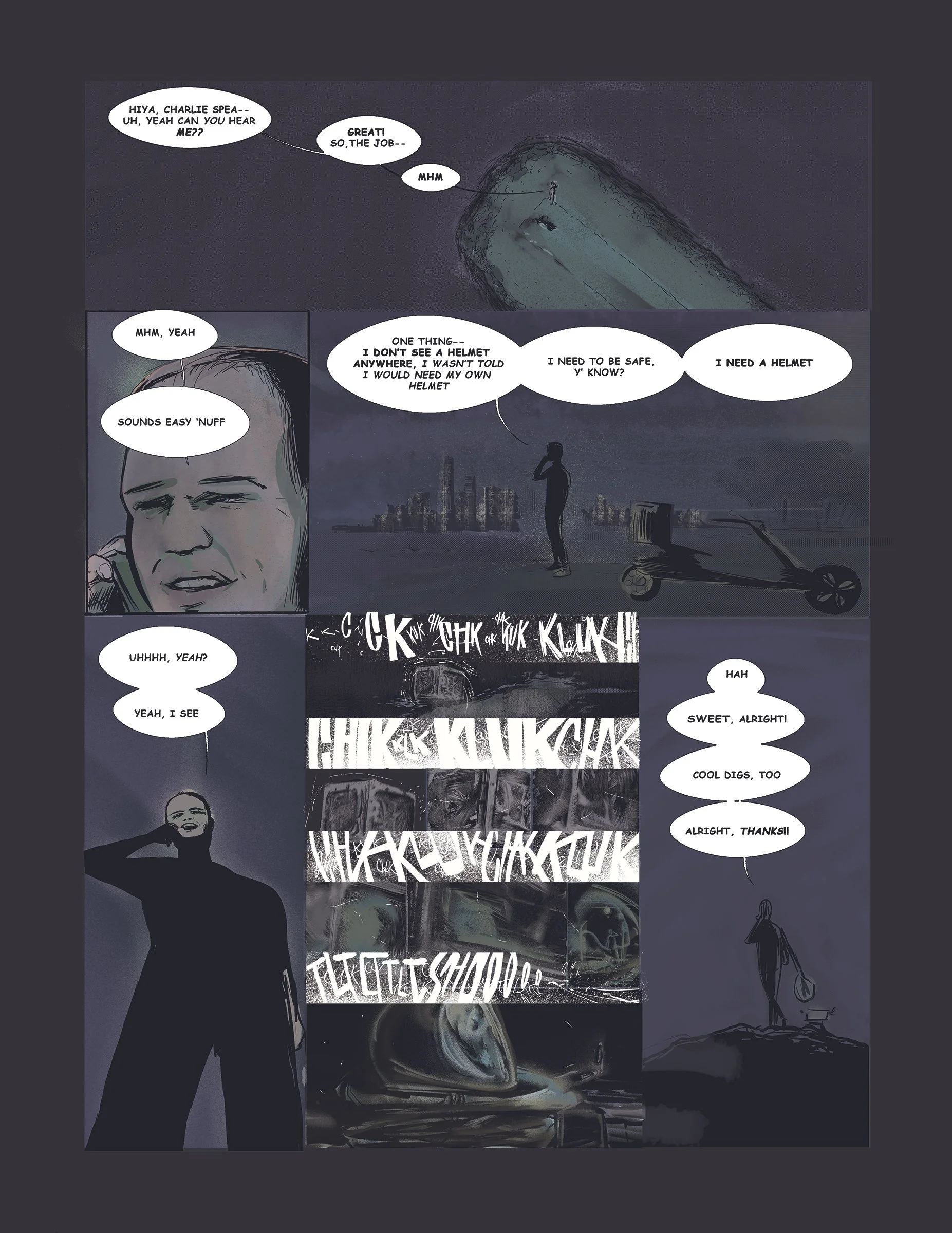 A dark comic book scene with two characters talking. One is on the phone, and the other stands near a car with an open trunk. The scene is set outdoors in a cityscape at night, with tall buildings and a figure walking in the background.