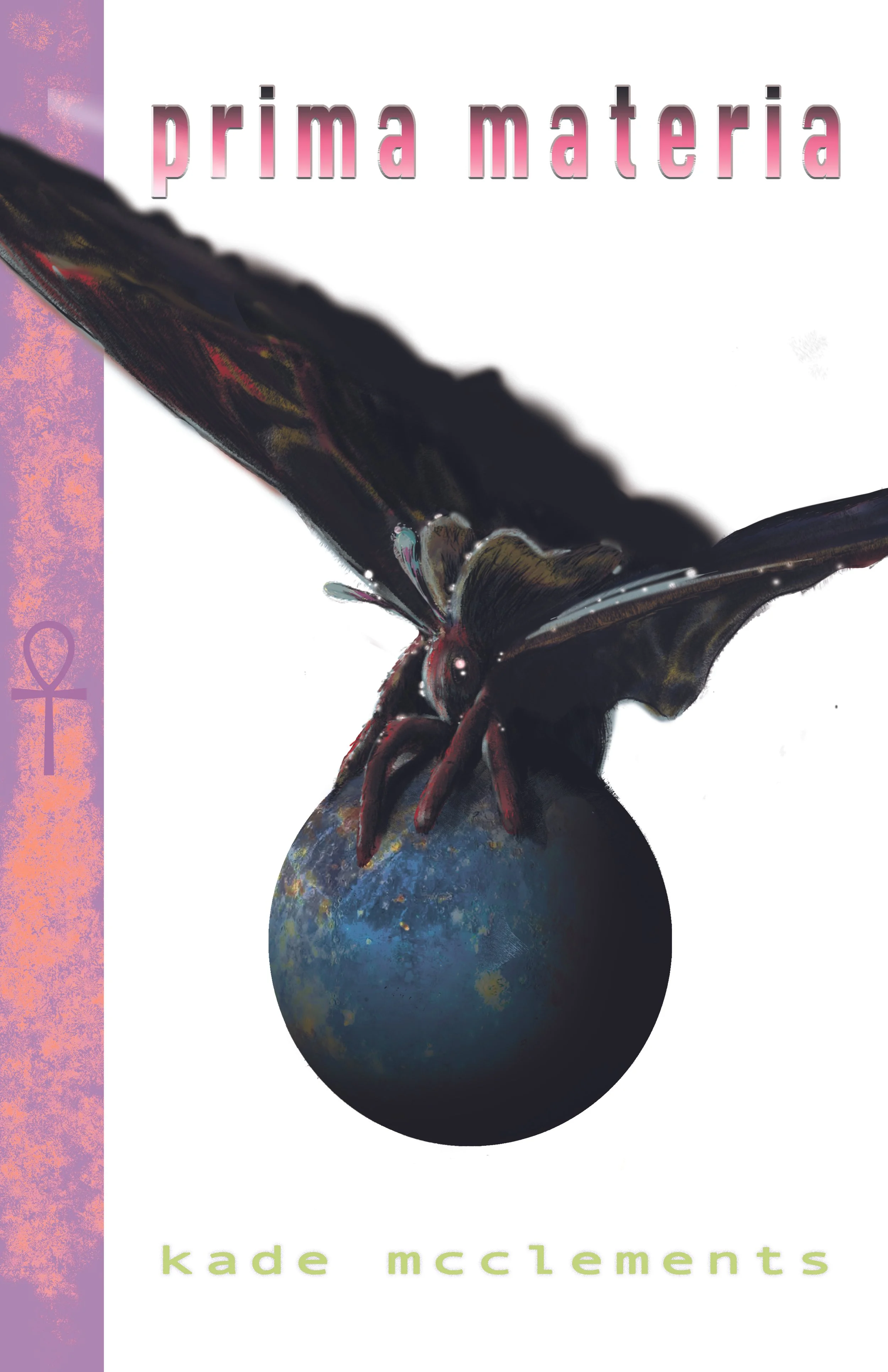 Book cover with the title 'prima materia' by Kade McClements, featuring a dark butterfly with wings spread over a textured blue sphere on a white background, with a purple textured stripe on the left side.