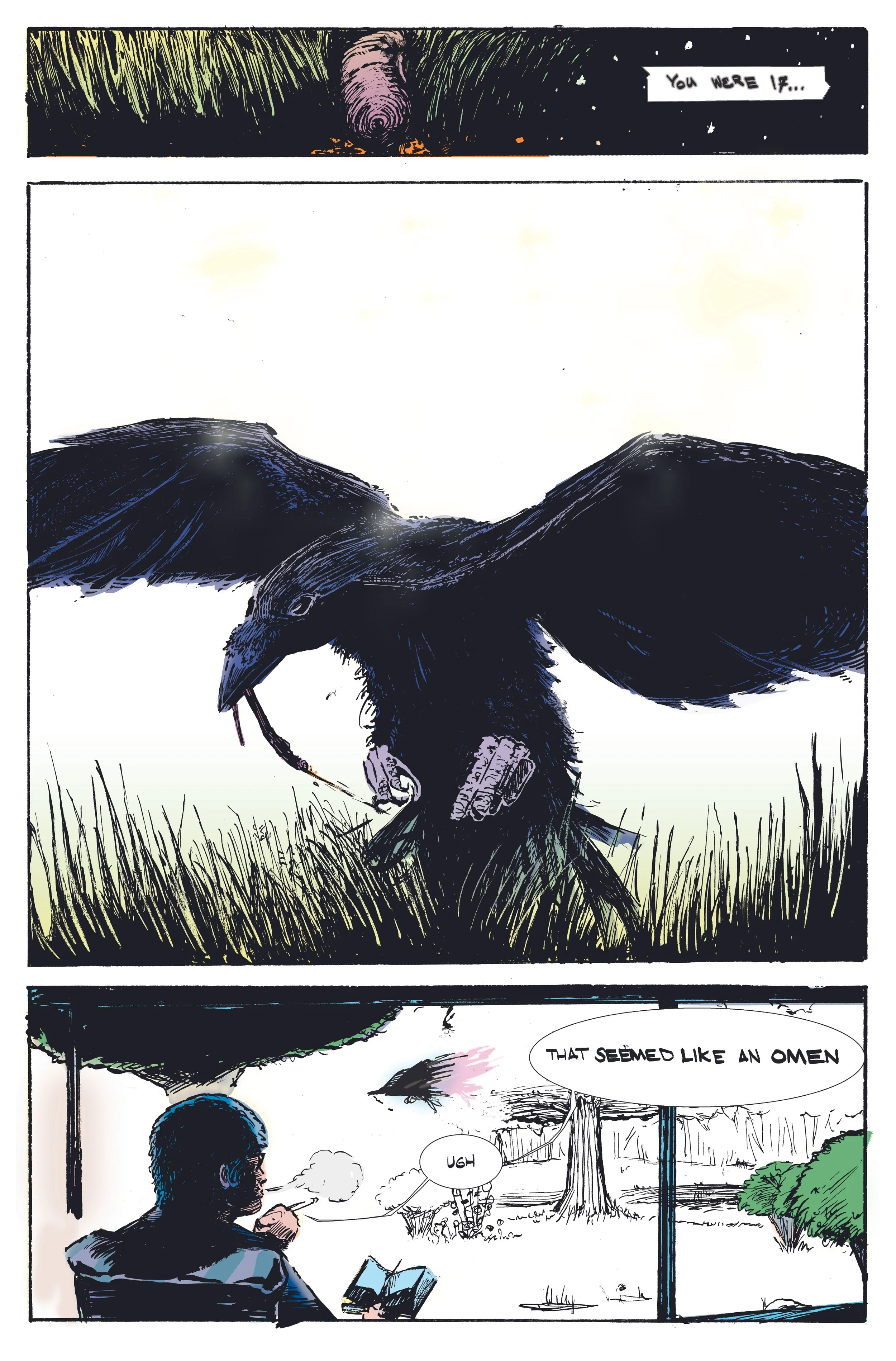 A comic panel shows a person sitting in a chair reading a book, smoking, with a scene of a large, black bird like creature with outstretched wings and a crow or raven perched on the ground, with a speech bubble saying, "That seemed like an omen."
