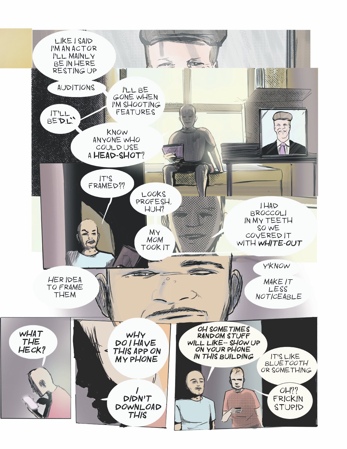 Comic strip showing people discussing acting, filming, and using app to show content on phones, with one explaining how they covered broccoli in white-out and framed pictures of her idea.