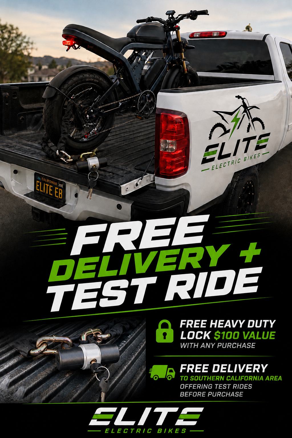 ELITE, electric Bike offers free delivery and test rides, a free heavy-duty lock with purchase, and emphasizes free delivery to Southern California area.