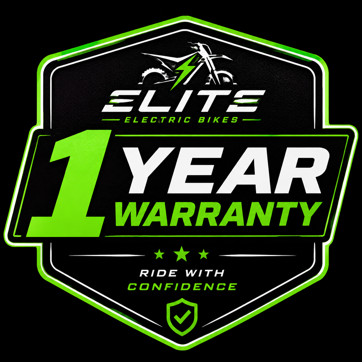 Elite Electric Bikes, offering a one-year warranty and encouraging riding with confidence.