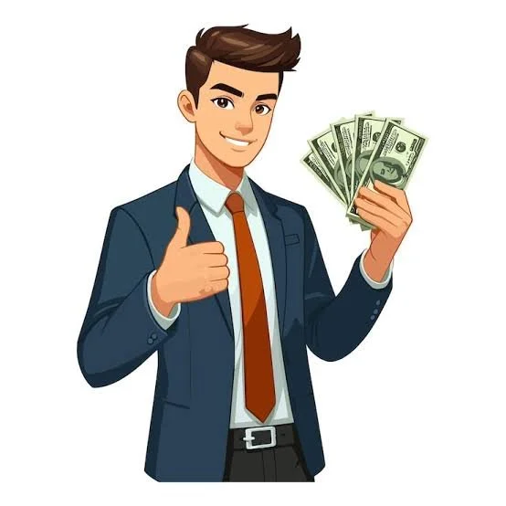 Cartoon man in business suit holding cash and giving a thumbs up.