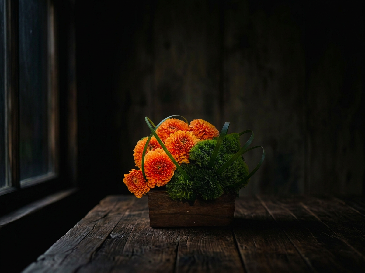 A wooden basket with orange and green artificial flowers on a rustic wooden table near a window