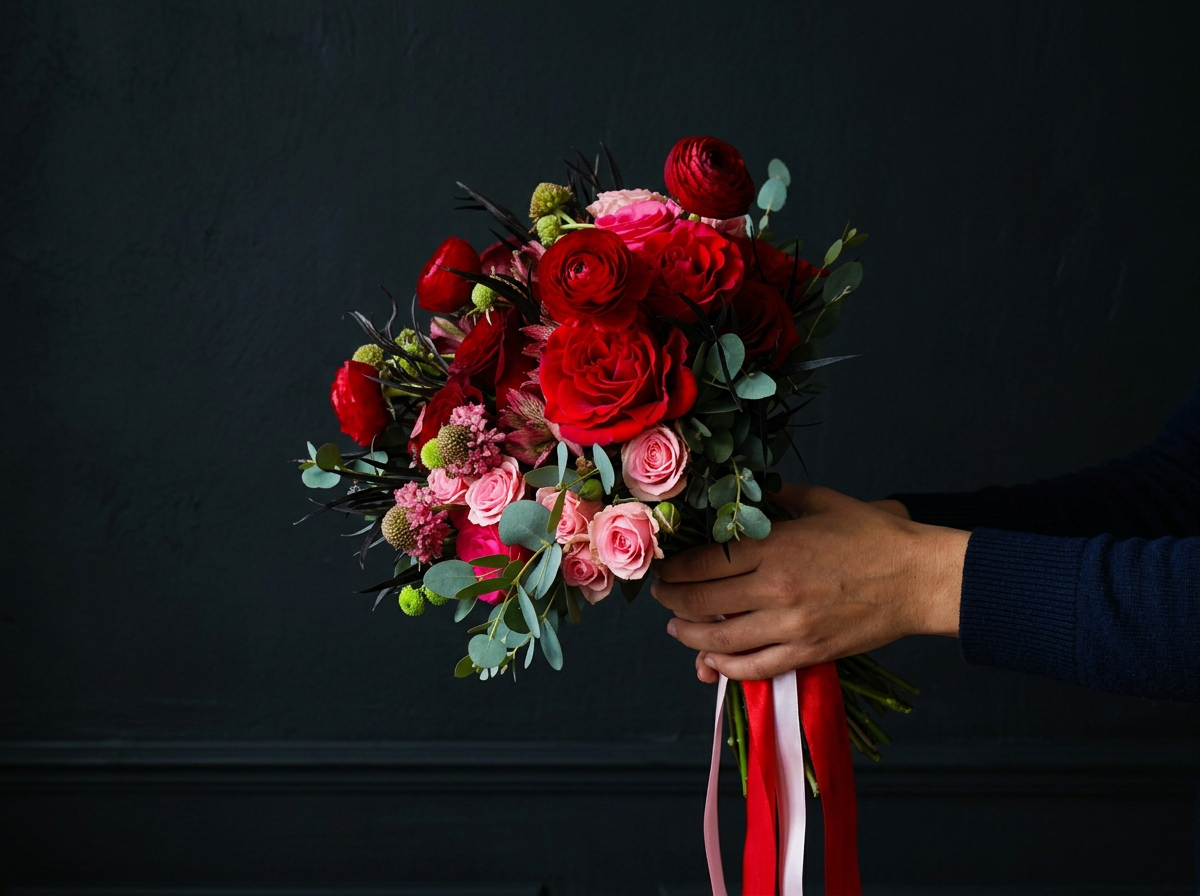 Person holding a bouquet of red and pink roses, green foliage, and decorative ribbons against a dark background.