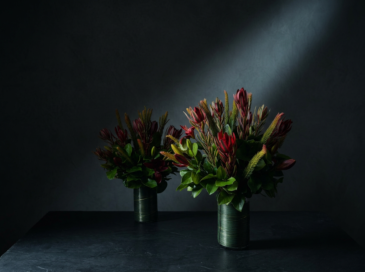Two vases with dark green wrapping holding dark red flowers and green foliage on a black surface, with dark background