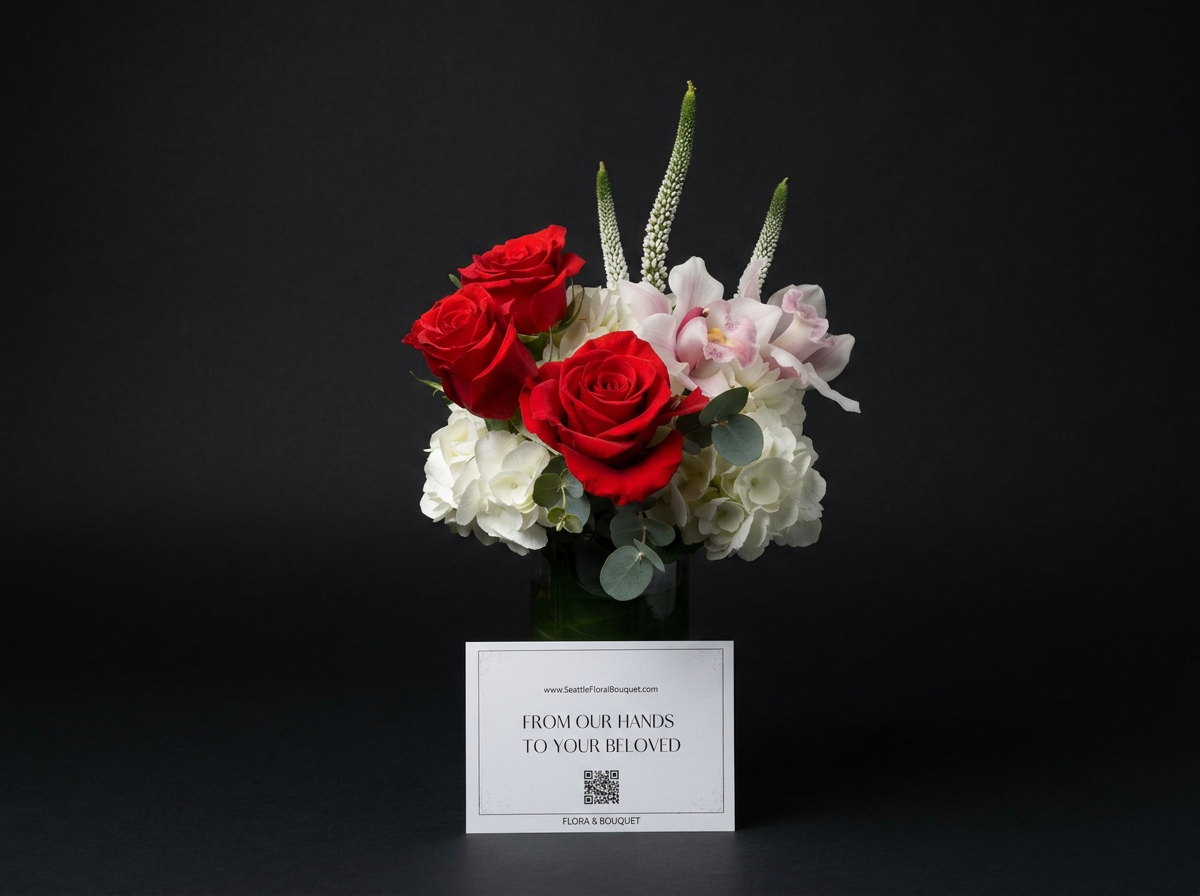 A floral arrangement with red roses, white hydrangeas, pink orchids, and green foliage in a glass vase, placed on a black background with a white card that reads "From Our Hands to Your Beloved".