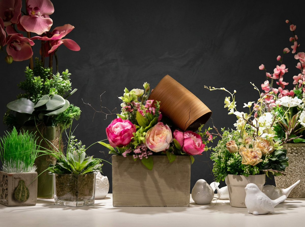 Various potted plants and flowers, including orchids and roses, arranged on a table with a dark background.