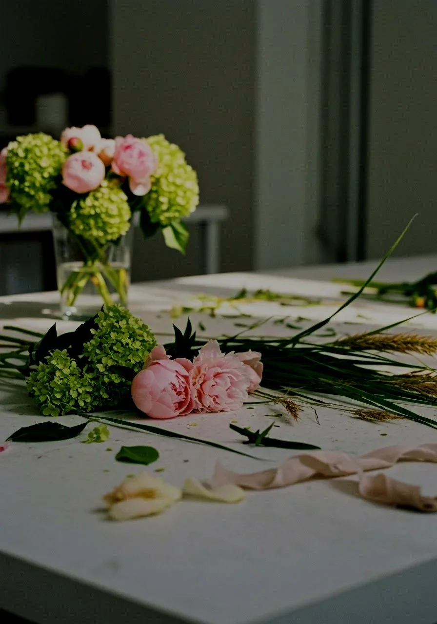 A table with pink and green floral arrangements, flower petals, and greenery, possibly prepared for a special occasion or event.