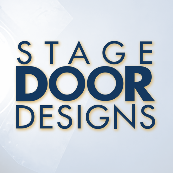 Text with the words "Stage Door Designs" on a light blue background.