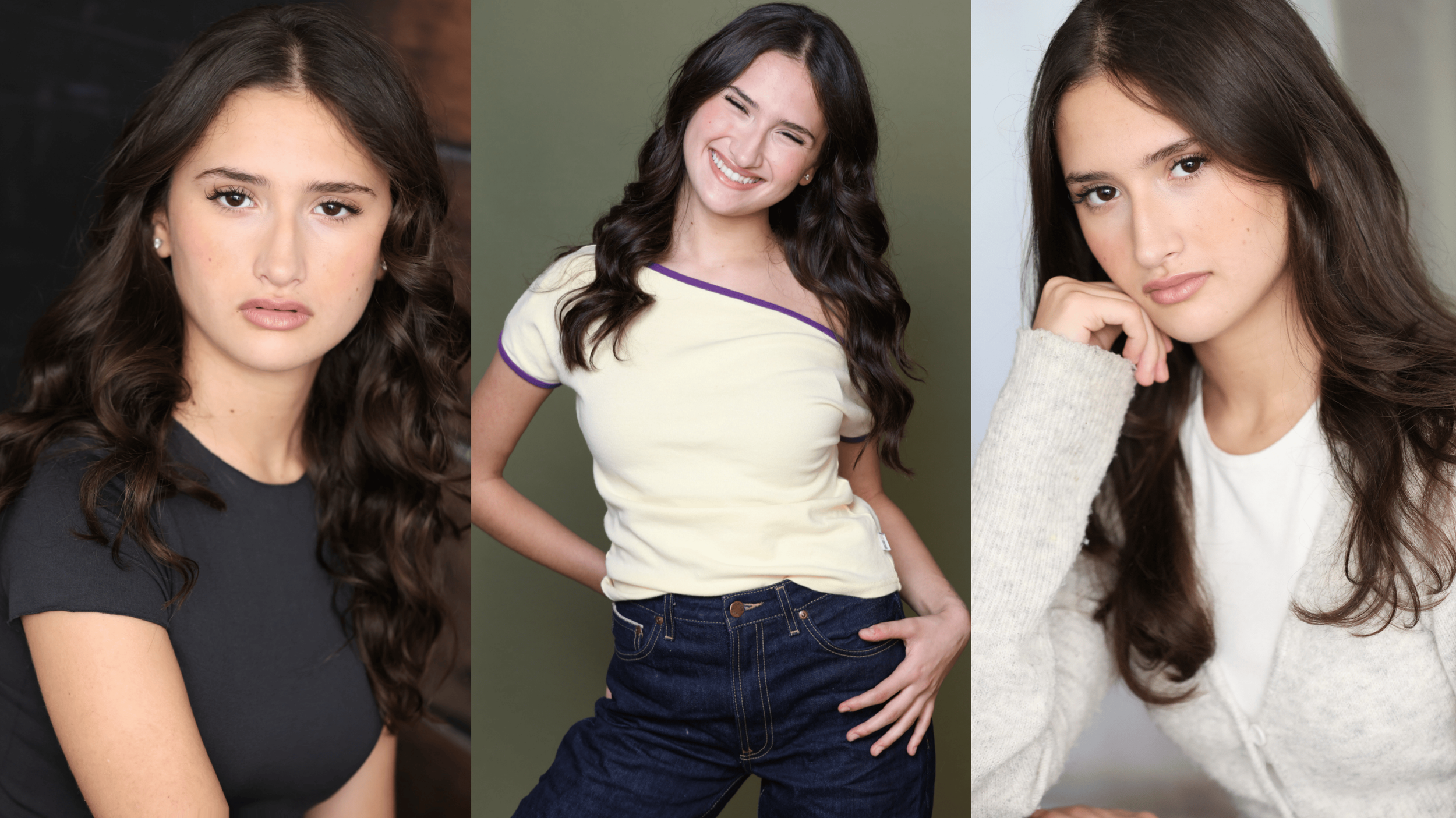 A composite image for the actor, Audrey Varley. Featuring three looks.