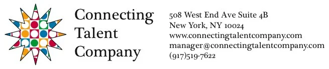 Business card for Connecting Talent Company featuring a colorful star logo, company name, address in New York, website, email, and phone number.