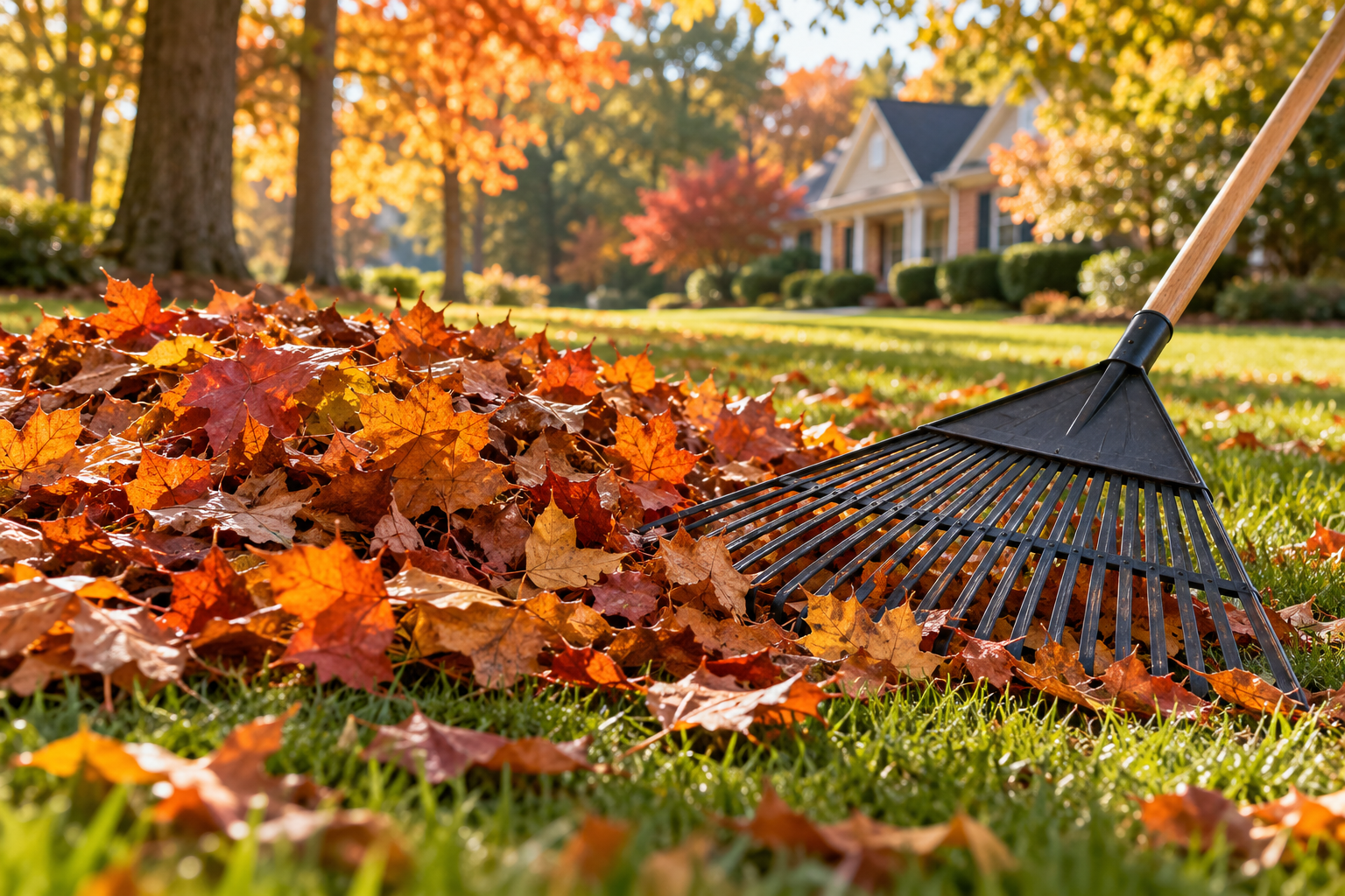 Illustrative autumn scene of a leaf rake beside a pile of orange leaves on a lawn.