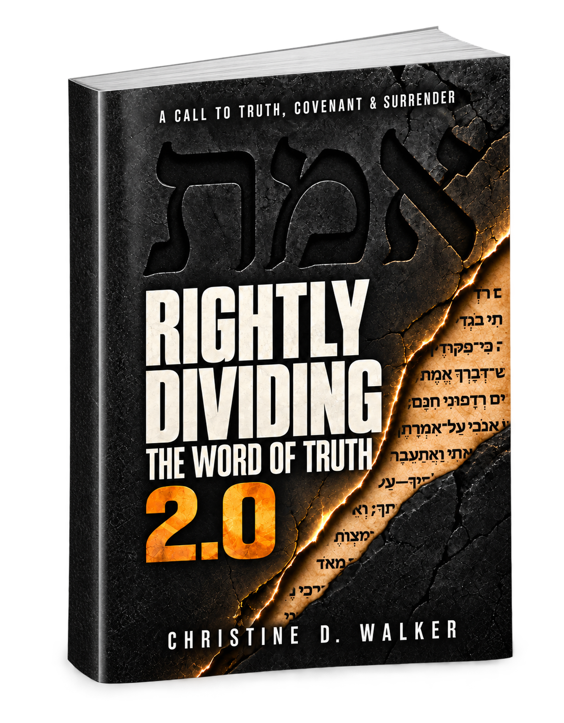 Book titled "The Rightly Dividing the Word of Truth 2.0" by Christine D. Walker, featuring black and orange colors with Hebrew text visible behind a torn paper effect.