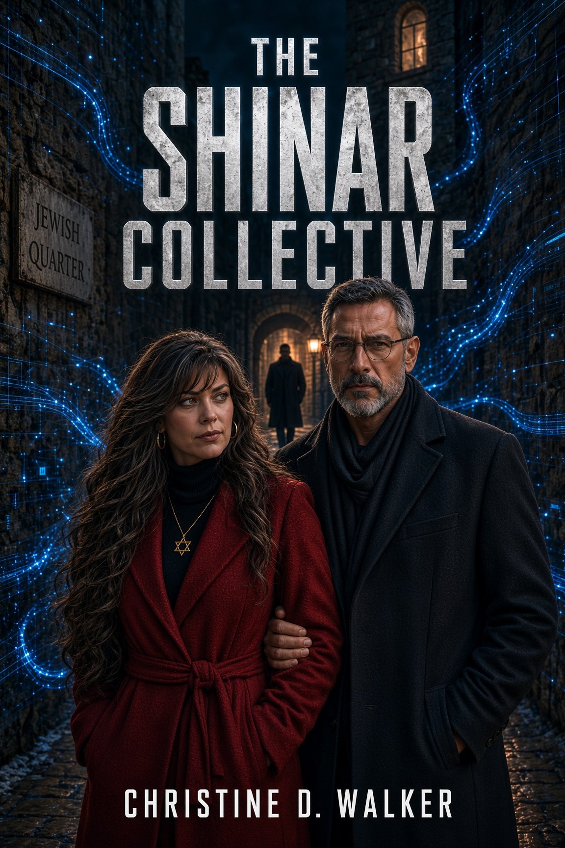 Book cover for 'The Shnar Collective' by Christine D. Walker featuring a man and woman with serious expressions in an alleyway with blue digital effects.