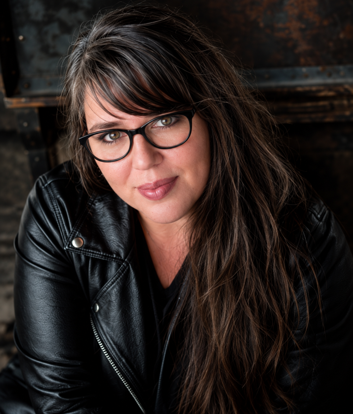 A woman with brown hair and glasses wearing a black leather jacket looks into the camera with a slight smile, against a dark, rustic background.