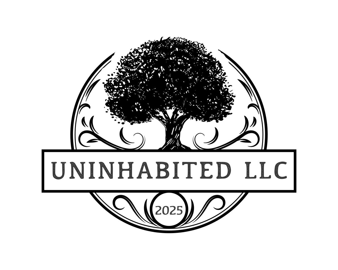 Black and white logo featuring the text 'Uninhabited LLC 2025' with a silhouette of a tree in the background.