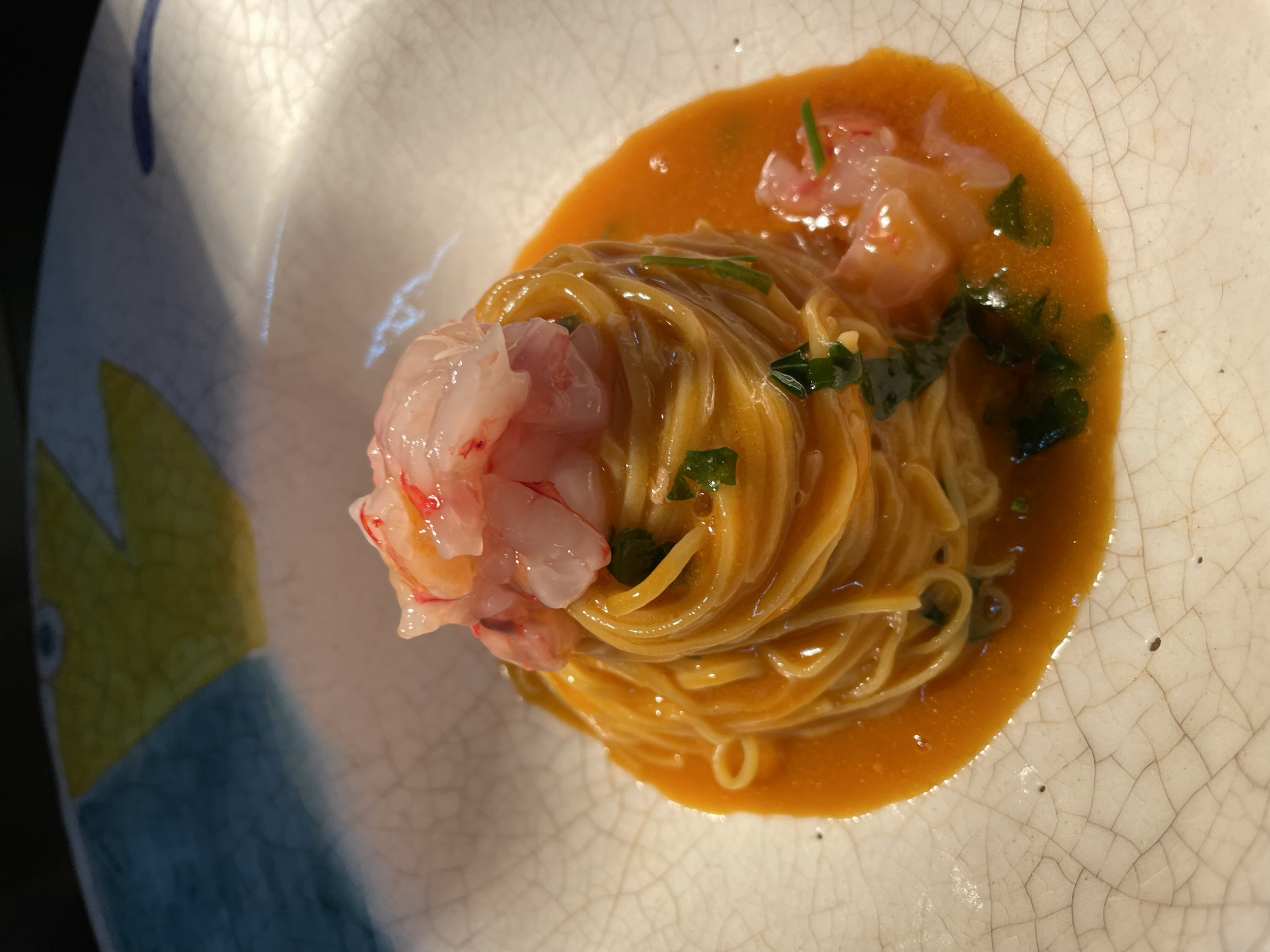 Pasta con gambero rosso fresco preparata da I Pesciolini
