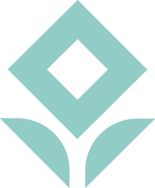A teal geometric abstract logo with a diamond shape inside a larger square, flanked by two curved lines.