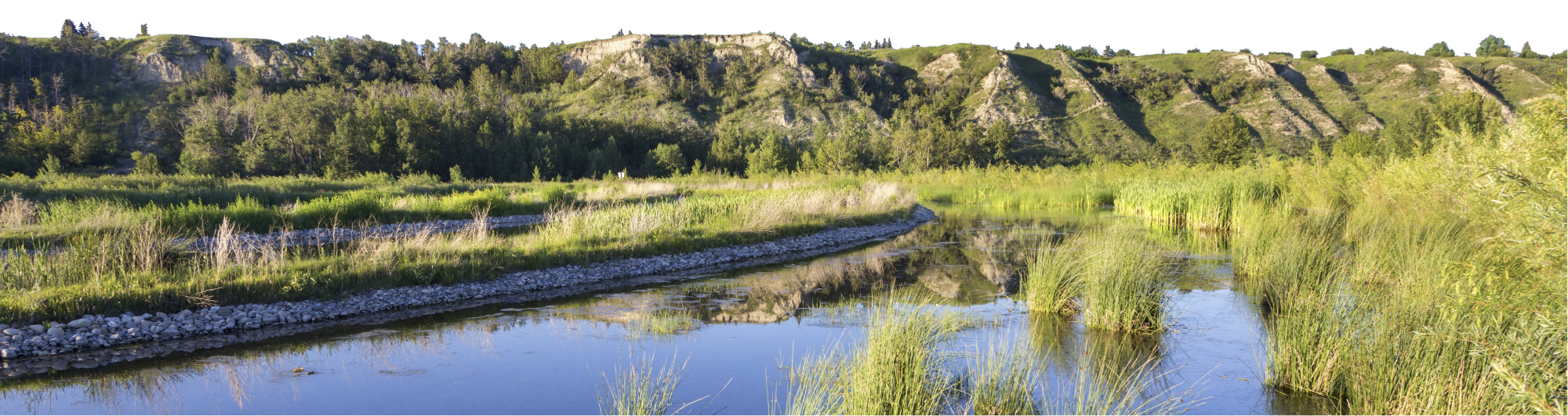A river flowing through a green landscape with grassy banks, trees, and rocky cliffs in the background.