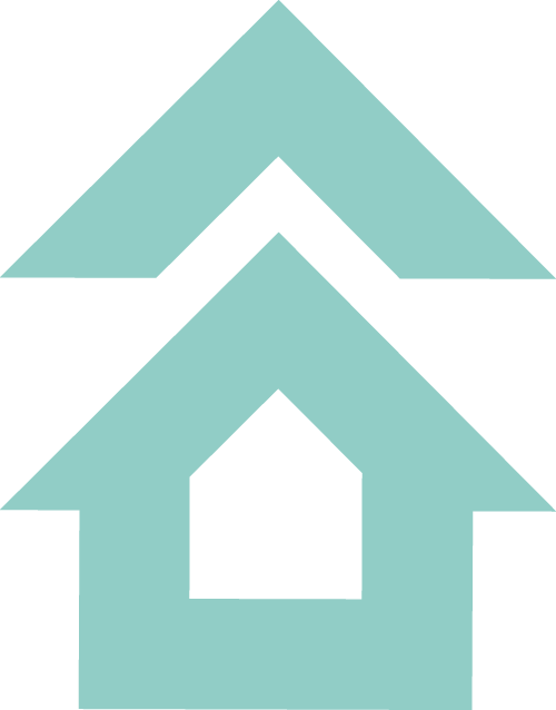 One upward-pointing chevron above a house icon with a window, all in teal against a white background.