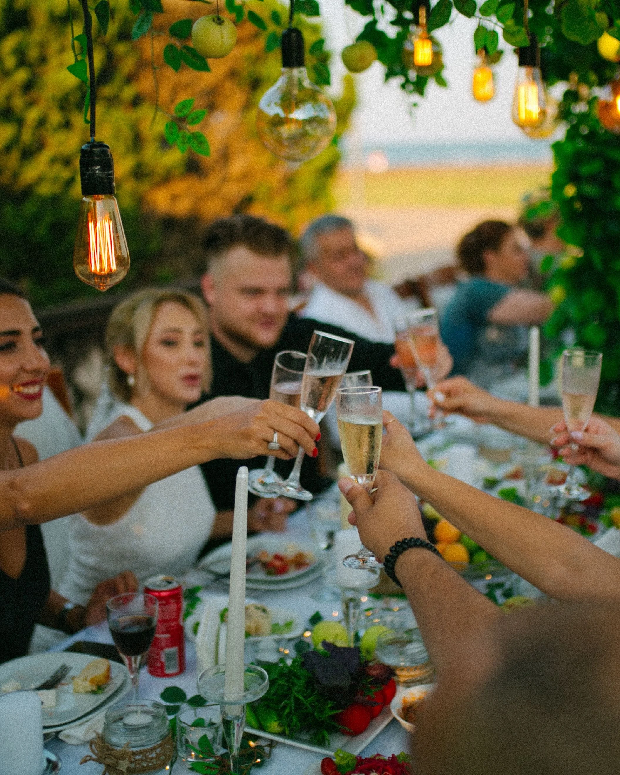 People raising glasses of champagne or sparkling wine in a toast during a celebration, with a table of food and drinks and decorative lights in the background.