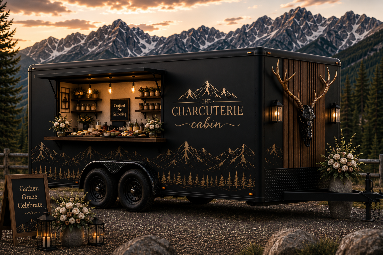 A black food truck called 'The Charcuterie Cabin' is decorated with mountain and forest motifs. It features a serving window with a variety of meats, cheeses, and snacks, accented by flowers and rustic lighting. There is a sign saying 'Gather. Graze. Celebrate'. The truck is set outdoors with mountain scenery and trees in the background.