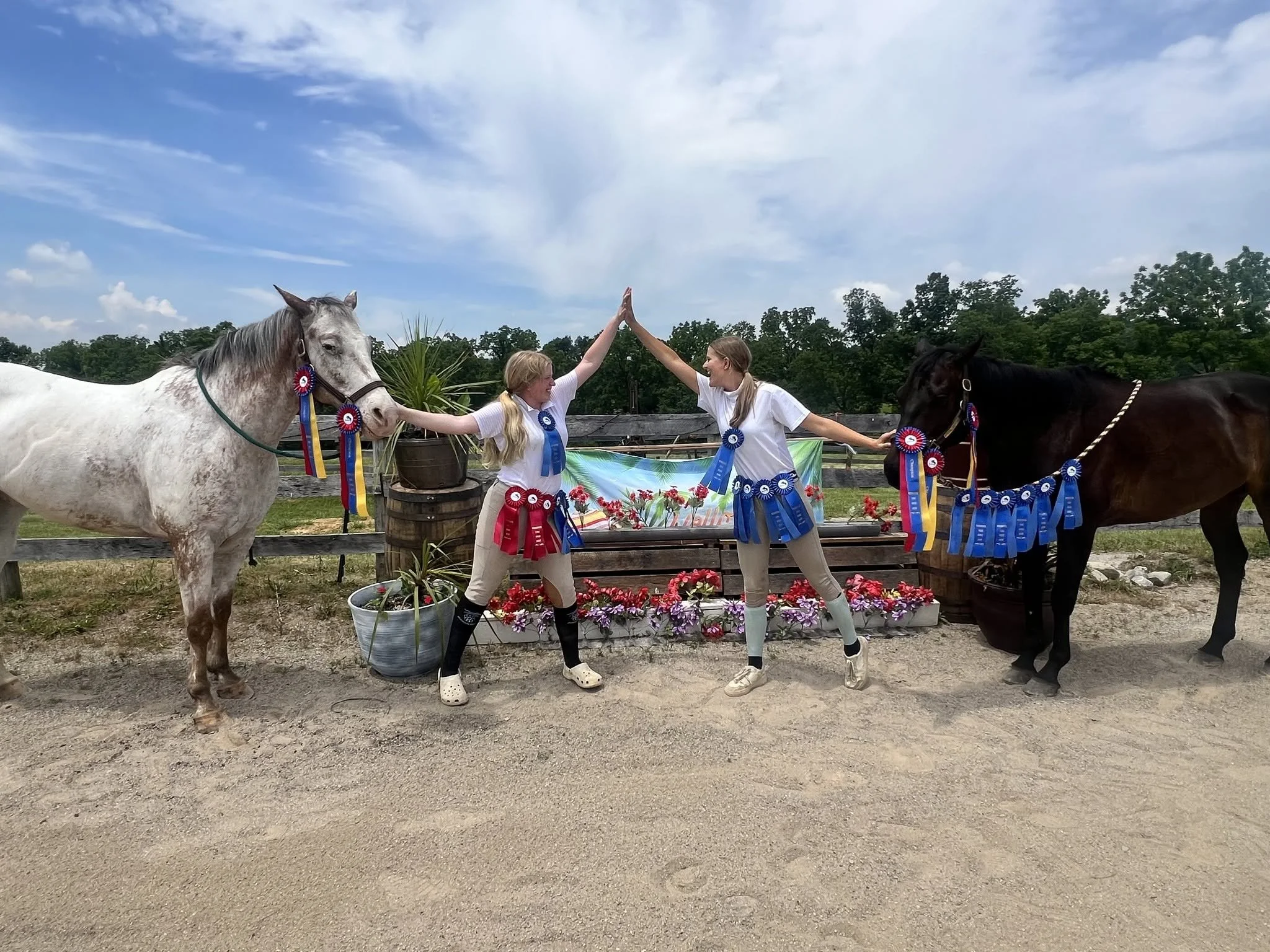 Two young women high-fiving each other in front of two decorated horses with ribbons, standing behind a table with flowers and plants, outdoors on a sunny day.