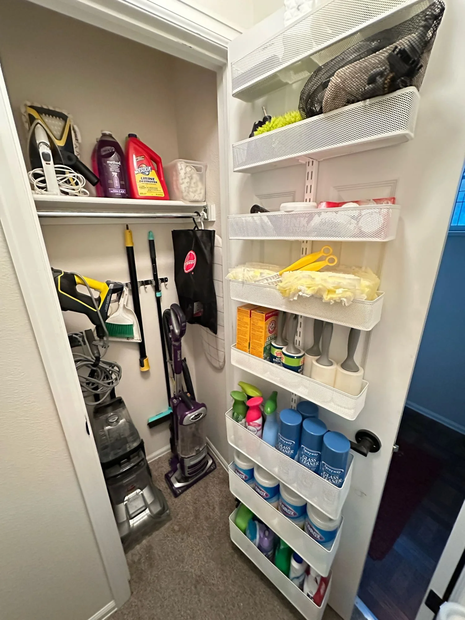 Cleaning supply closet organized with vacuum, household products, and door-mounted storage. 