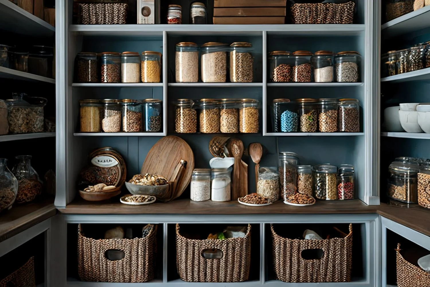 Custom walk-in pantry with organized glass storage jars, woven baskets, and open shelving.