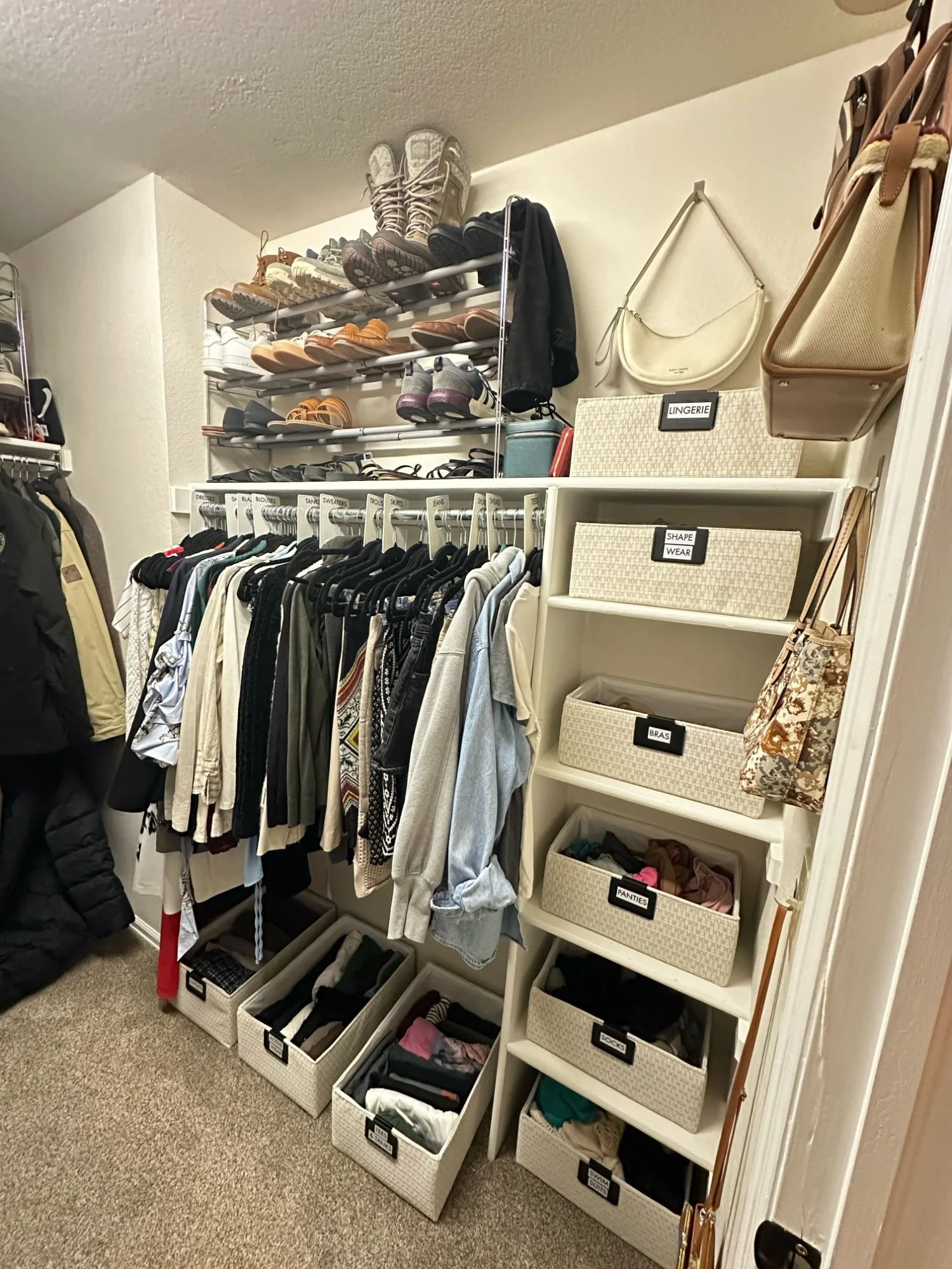 Neatly organized walk-in closet with custom shelving, clothing racks, shoe shelves, and storage bins. 