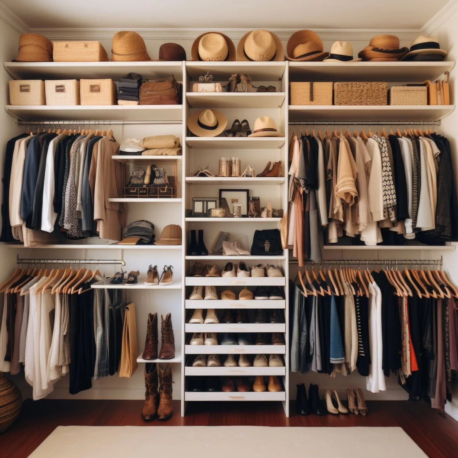 Custom walk-in closet with organized clothing, shoes, hats, handbags, and built-in shelving.